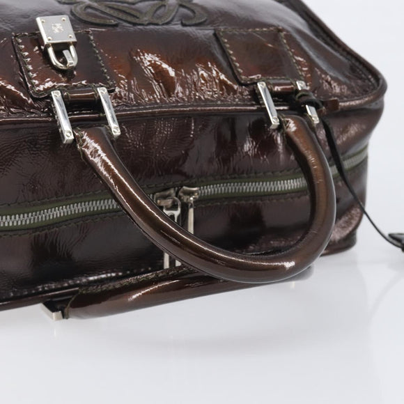 LOEWE Amazona 28 Hand Bag Patent Brown Silver Auth 207870A