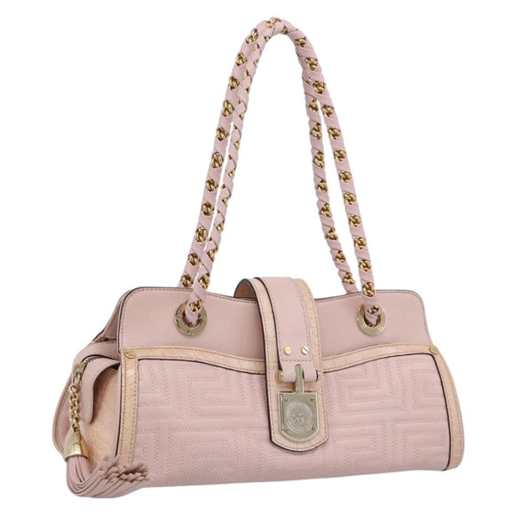 VERSACE Chain Tote Bag Leather Pink Gold Auth 207875M