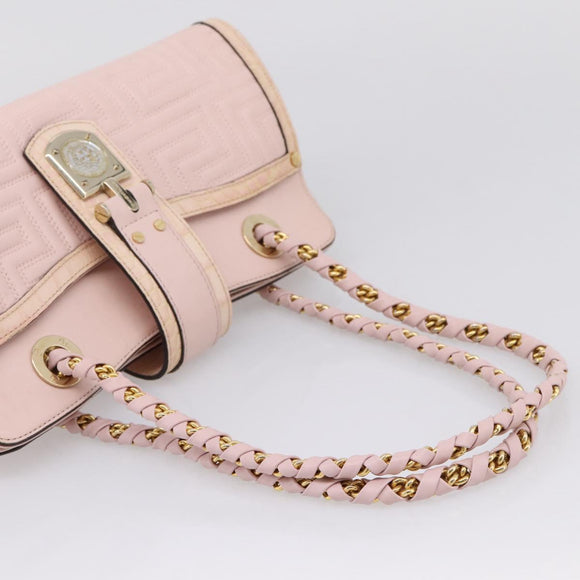 VERSACE Chain Tote Bag Leather Pink Gold Auth 207875M