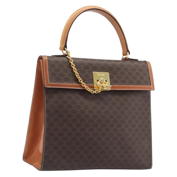 CELINE Macadam Hand Bag PVC Brown Gold Tone Auth 207876V