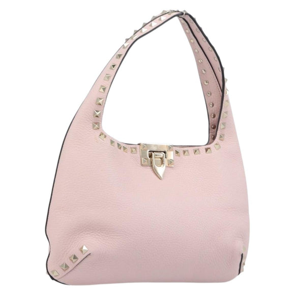 Valentino Rock Studs Hand Bag Leather Pink Gold Auth 207886V