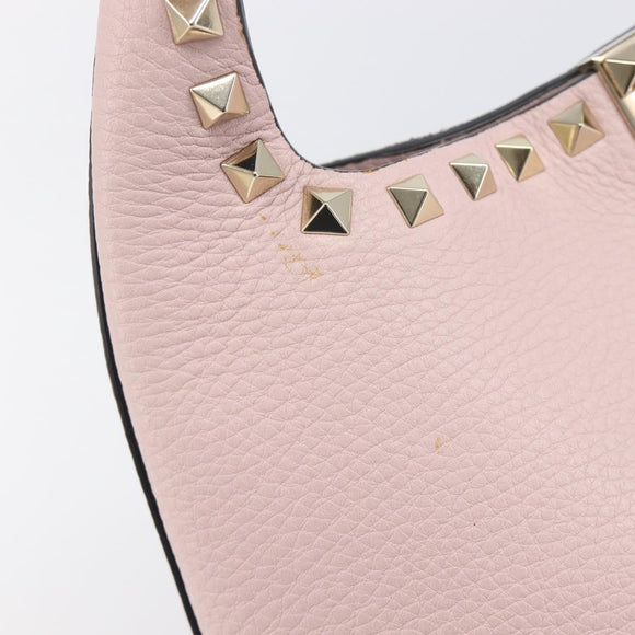 Valentino Rock Studs Hand Bag Leather Pink Gold Auth 207886V
