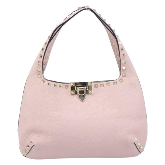 Valentino Rock Studs Hand Bag Leather Pink Gold Auth 207886V