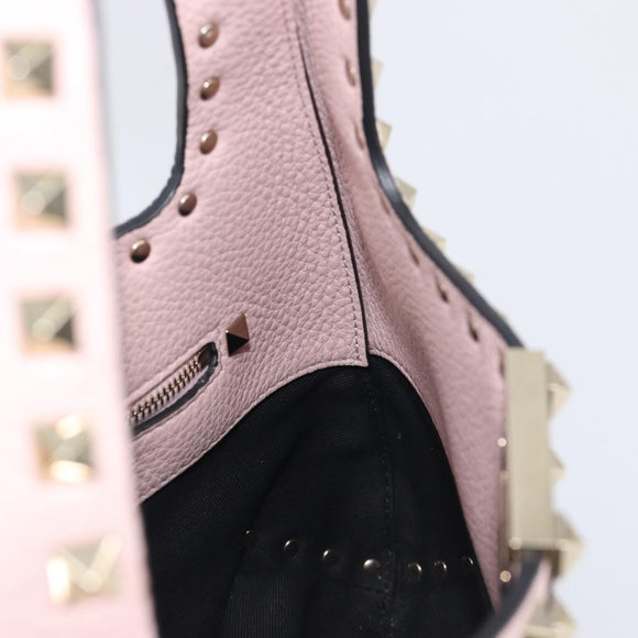 Valentino Rock Studs Hand Bag Leather Pink Gold Auth 207886V