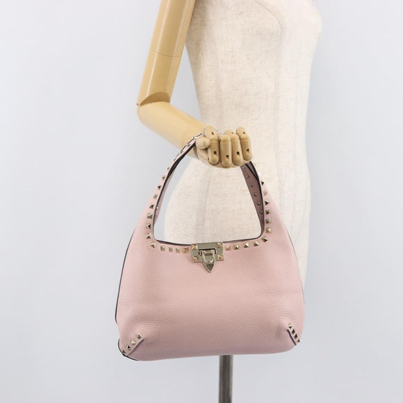 Valentino Rock Studs Hand Bag Leather Pink Gold Auth 207886V