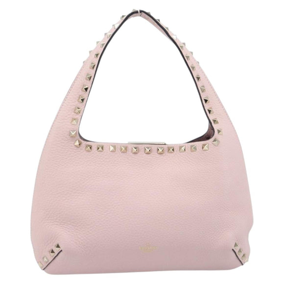 Valentino Rock Studs Hand Bag Leather Pink Gold Auth 207886V