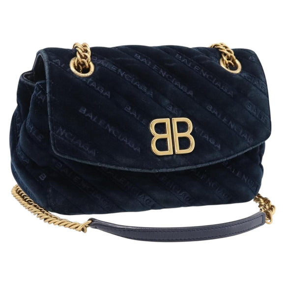 Balenciaga BB Round Chain Shoulder Bag Velor Navy Gold Auth 207889M
