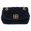 Balenciaga BB Round Chain Shoulder Bag Velor Navy Gold Auth 207889M-13