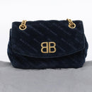 Balenciaga BB Round Chain Shoulder Bag Velor Navy Gold Auth 207889M-12