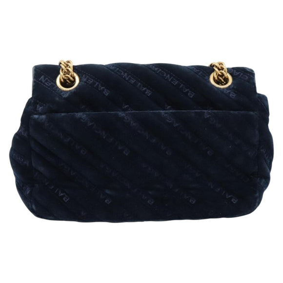Balenciaga BB Round Chain Shoulder Bag Velor Navy Gold Auth 207889M