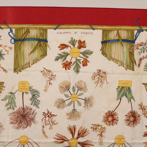 HERMES Carre 90 Scarf Silk Red White ""Herbier de Gavarnie"" Auth 207904
