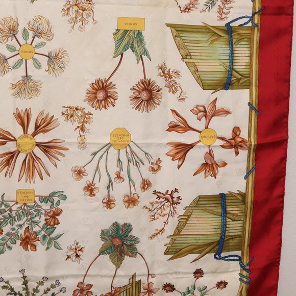 HERMES Carre 90 Scarf Silk Red White ""Herbier de Gavarnie"" Auth 207904