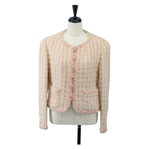 CHANEL Collarless Jacket tweed 40 Ivory Gold CC Auth 207912M