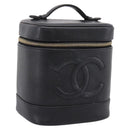CHANEL Vanity Hand Bag Caviar Skin Black Gold CC Auth 207913-1