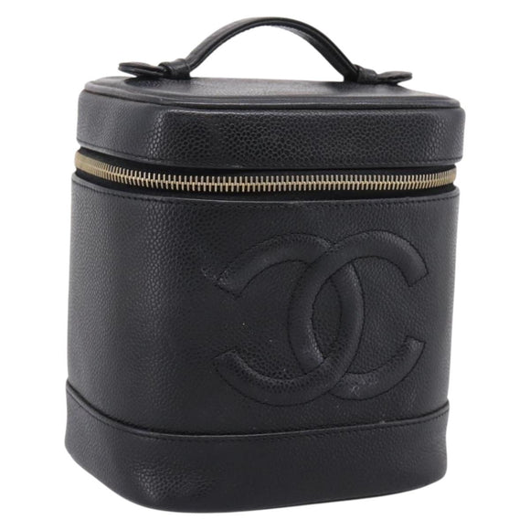 CHANEL Vanity Hand Bag Caviar Skin Black Gold CC Auth 207913