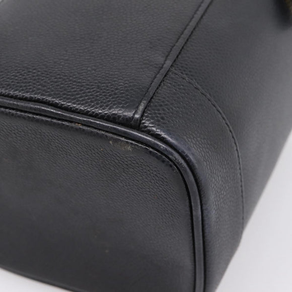 CHANEL Vanity Hand Bag Caviar Skin Black Gold CC Auth 207913