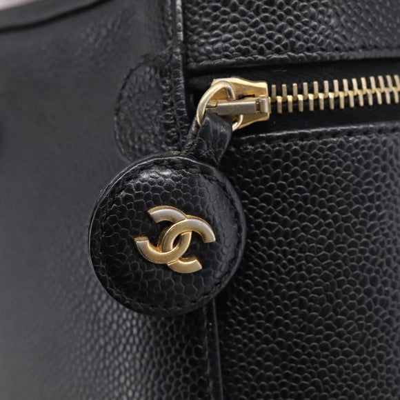 CHANEL Vanity Hand Bag Caviar Skin Black Gold CC Auth 207913