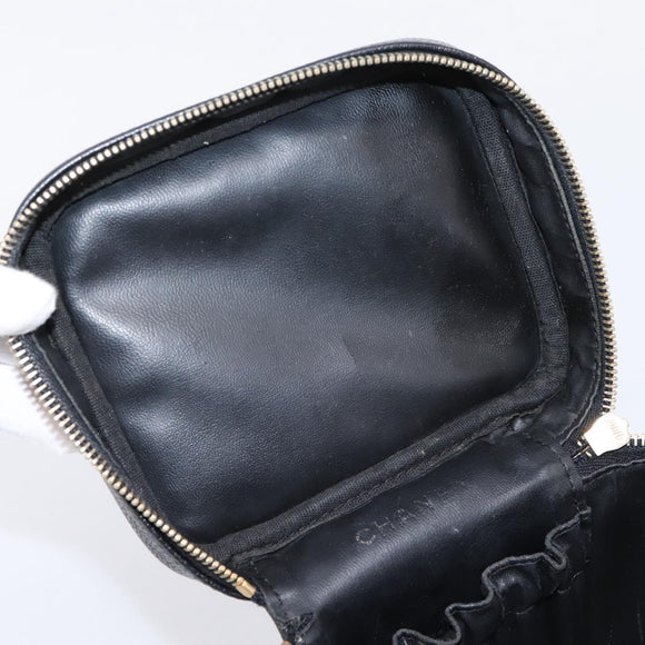 CHANEL Vanity Hand Bag Caviar Skin Black Gold CC Auth 207913