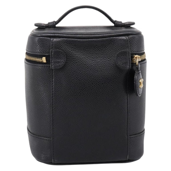 CHANEL Vanity Hand Bag Caviar Skin Black Gold CC Auth 207913