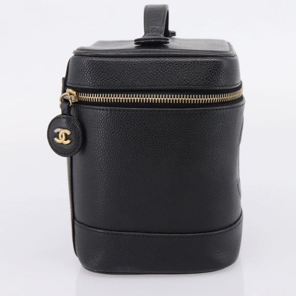 CHANEL Vanity Hand Bag Caviar Skin Black Gold CC Auth 207913