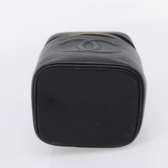 CHANEL Vanity Hand Bag Caviar Skin Black Gold CC Auth 207913