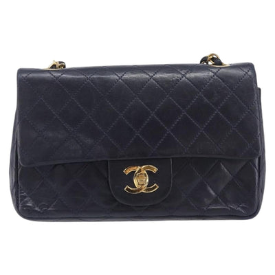 CHANEL Matelasse Chain Shoulder Bag Lamb Skin Navy Gold Tone CC Auth 207921 - 0