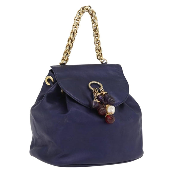 LOEWE Chain Hand Bag Leather Navy Gold Auth 207974