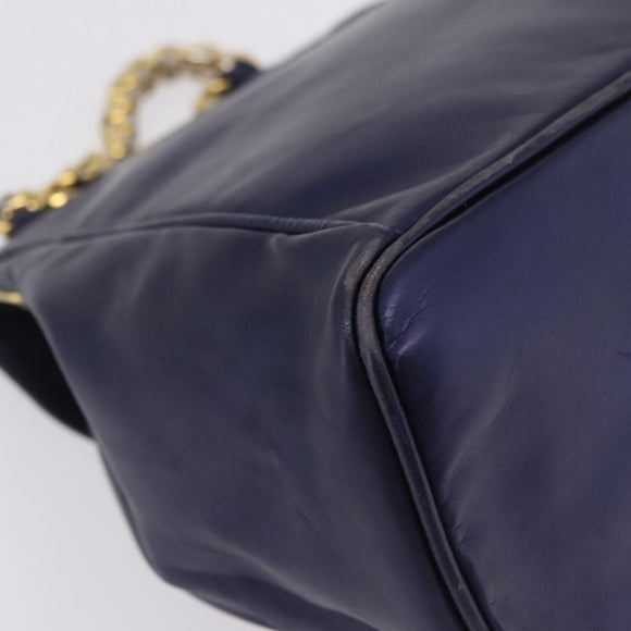LOEWE Chain Hand Bag Leather Navy Gold Auth 207974