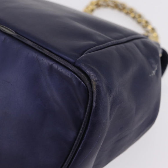 LOEWE Chain Hand Bag Leather Navy Gold Auth 207974