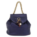 LOEWE Chain Hand Bag Leather Navy Gold Auth 207974-2