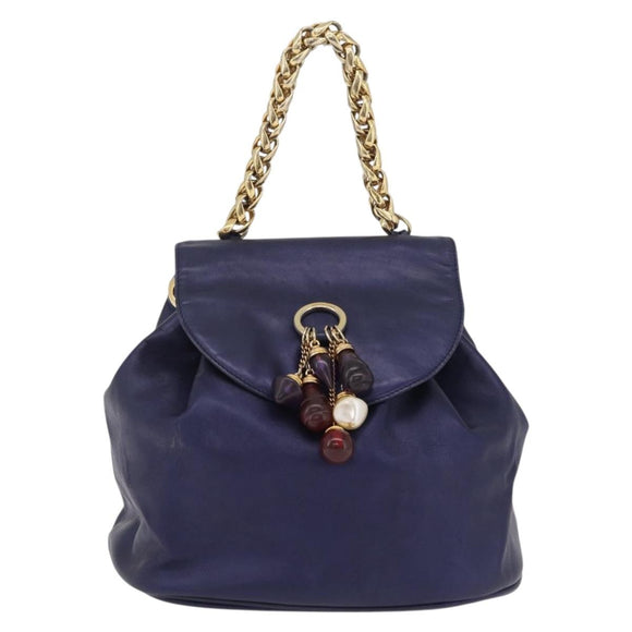 LOEWE Chain Hand Bag Leather Navy Gold Auth 207974