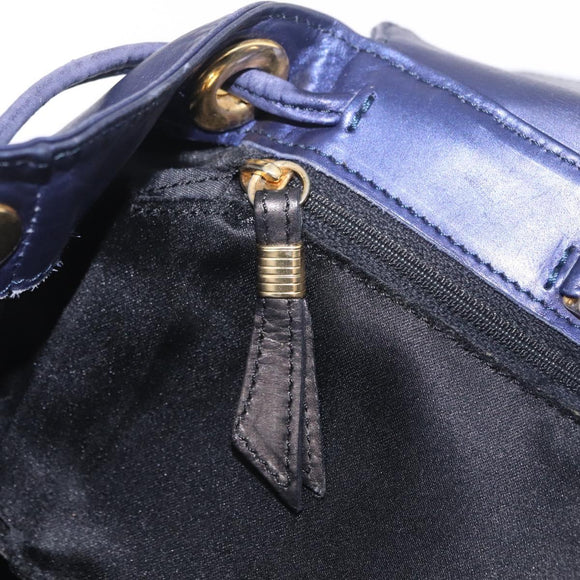 LOEWE Chain Hand Bag Leather Navy Gold Auth 207974