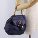 LOEWE Chain Hand Bag Leather Navy Gold Auth 207974-25