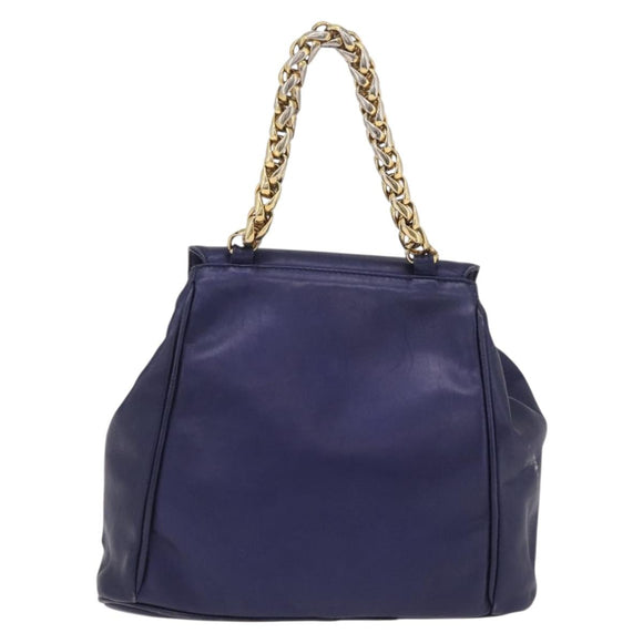 LOEWE Chain Hand Bag Leather Navy Gold Auth 207974
