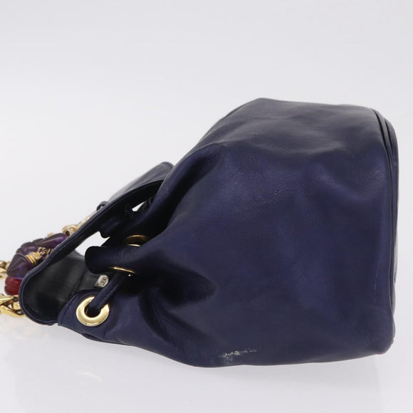 LOEWE Chain Hand Bag Leather Navy Gold Auth 207974