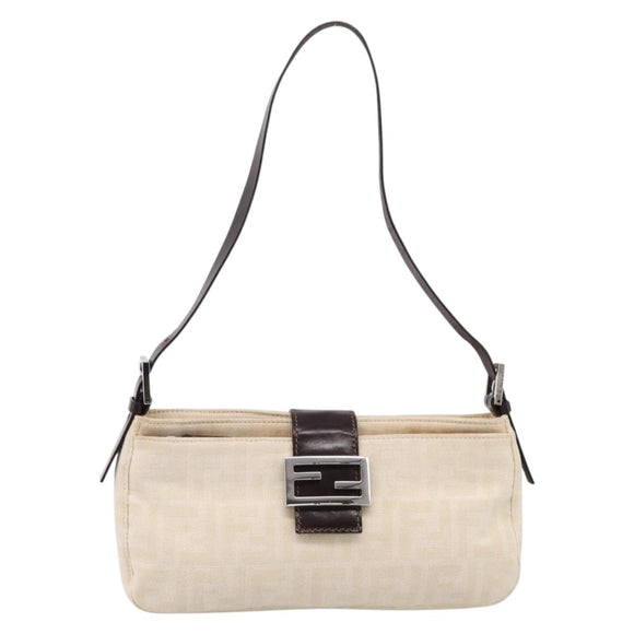 FENDI Zucca Canvas Mamma Baguette Shoulder Bag Ivory Silver Auth 207980A