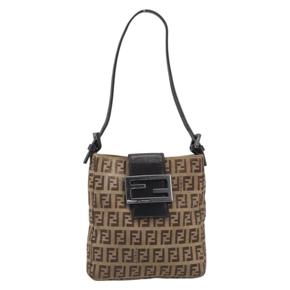 FENDI Zucchino Canvas Mamma Baguette Hand Bag Brown Silver Auth 207982
