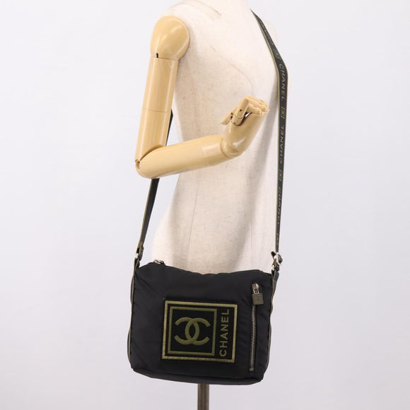 CHANEL Sports Line Shoulder Bag Canvas Black Silver CC Auth 207983