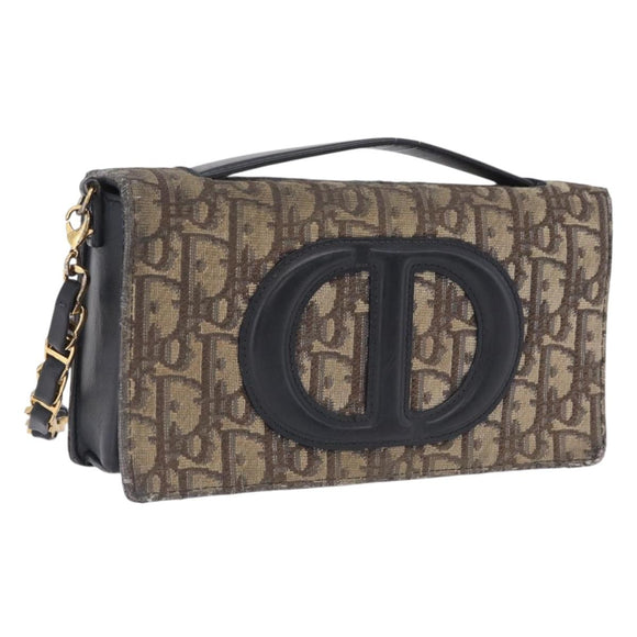 Christian Dior Trotter Canvas Chain Shoulder Bag Navy Gold Auth 207989