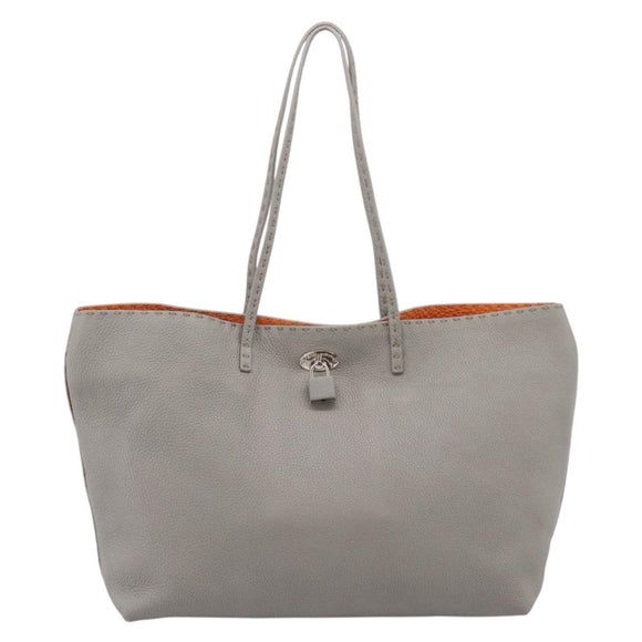FENDI Celeria Carla Tote Bag Leather Gray Silver Auth 208022V