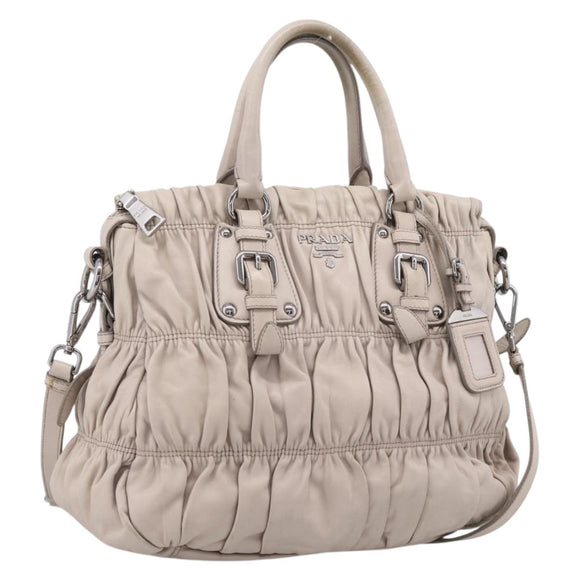 PRADA Gathered Hand Bag Leather 2way Gray Silver Auth 208024V