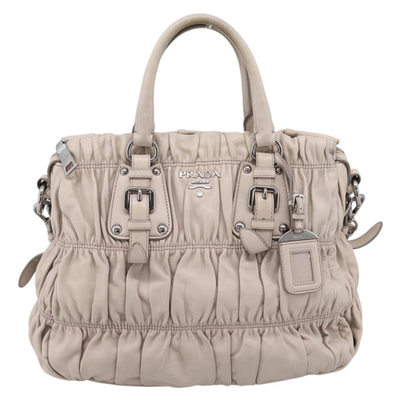 PRADA Gathered Hand Bag Leather 2way Gray Silver Auth 208024V