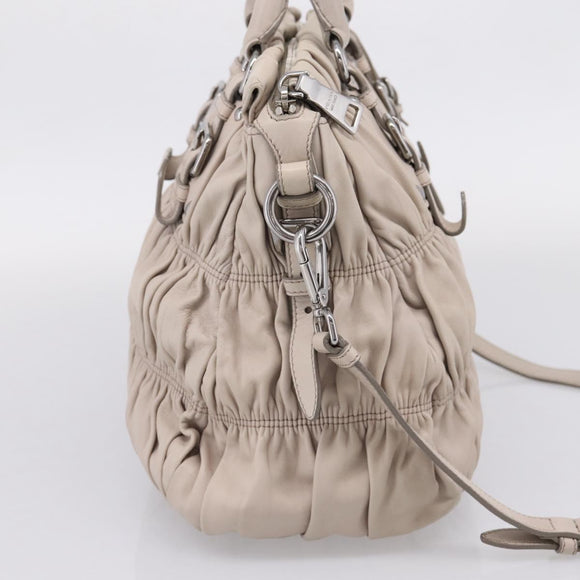 PRADA Gathered Hand Bag Leather 2way Gray Silver Auth 208024V