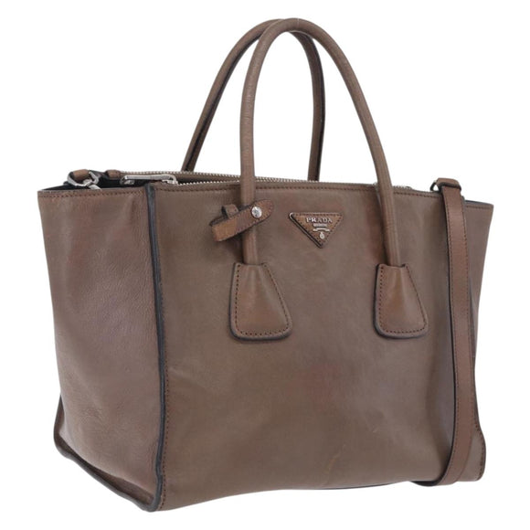 PRADA Hand Bag Leather 2way Brown Silver Auth 208035
