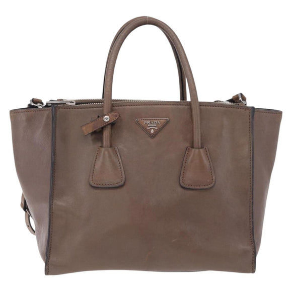 PRADA Hand Bag Leather 2way Brown Silver Auth 208035