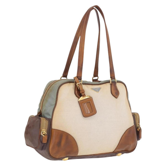PRADA Tote Bag Canvas Beige Gold Auth 208037