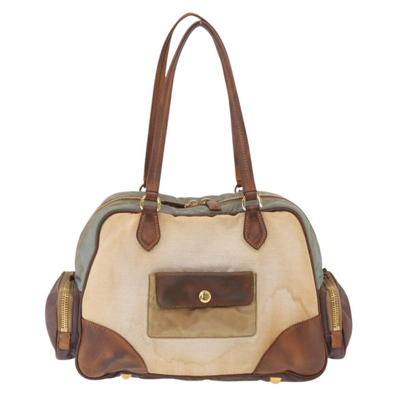 PRADA Tote Bag Canvas Beige Gold Auth 208037