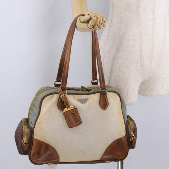 PRADA Tote Bag Canvas Beige Gold Auth 208037