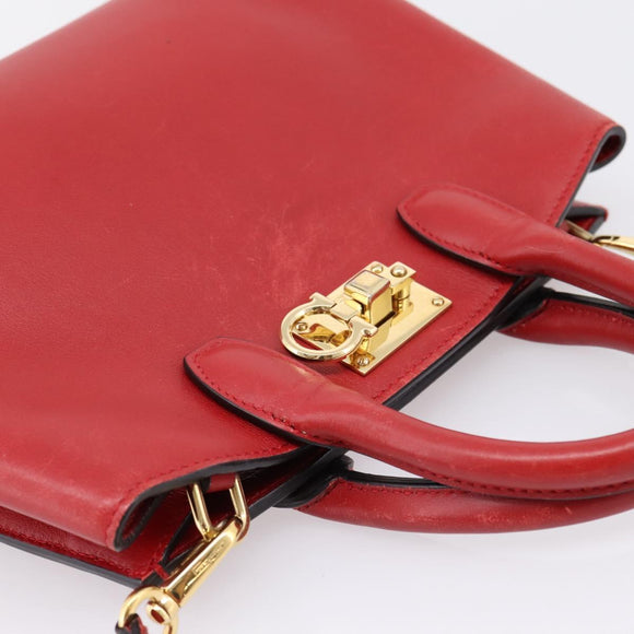 Salvatore Ferragamo Gancini Studio Bag Leather 2way Red Gold Auth 208047A