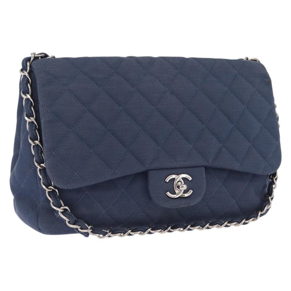 CHANEL Big Matelasse 30 Chain Shoulder Bag Cotton Navy Silver CC Auth 208049V